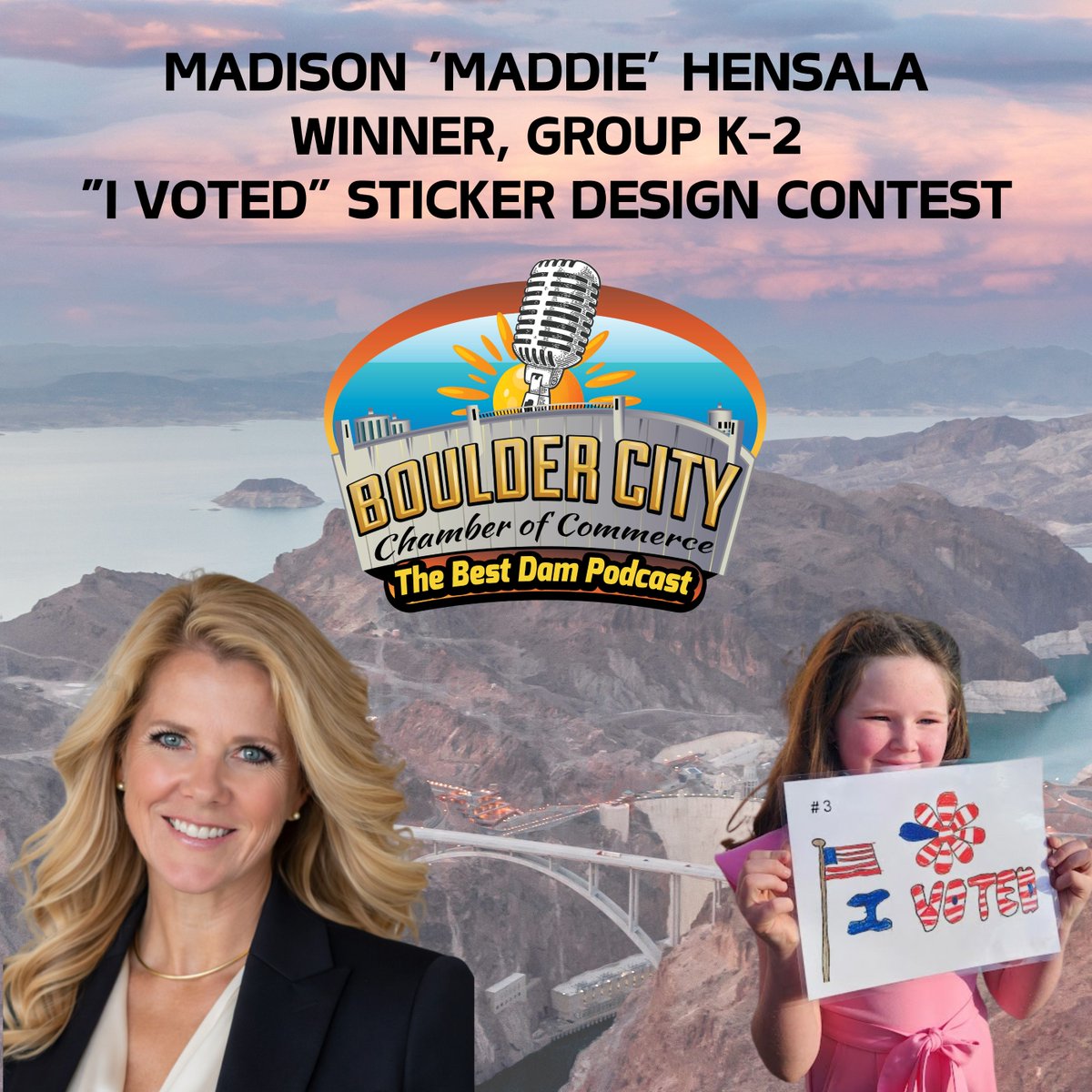 BCNevadaChamber's tweet photo. 🎙️ New Podcast Episode Alert 📢

🎨 Meet Madison Hensala! The 8-year-old winner of the "I Voted" sticker contest joins *The Best Dam Podcast*! 🎙️

https://t.co/9I4FKCV07H https://t.co/tmibFzCf6a