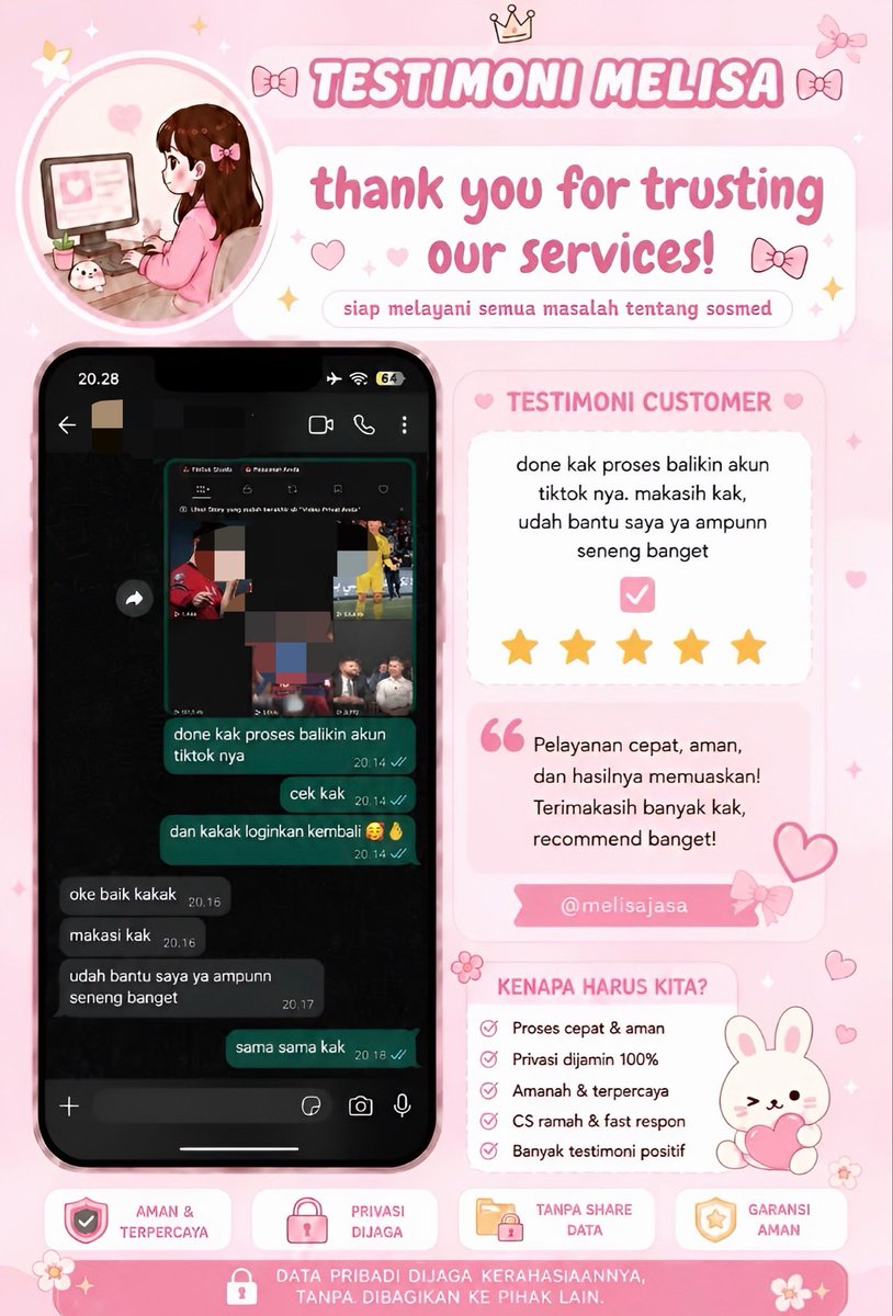ciazun's tweet photo. 🎀 ALL JASA SOSMED 🎀

🎀 JASA HAPUS AKUN
🎀 JASA PULIHKAN &amp; BALIKIN AKUN LUPA PASSWORD/KE HACK
🎀 JASA LACAK LOKASI
🎀 JASA SADAP WA
🎀 JASA LACAK LOKASI
🎀 JASA HACK / PEMULIHAN AKUN (EMAIL, IG, WA, TWITTER / X, FB, TIKTOK, LINE)

🎀 AMANAH, FULL TESTIMONI &amp; CEK WAWA DI BIO YA https://t.co/PczZH0wH4A
