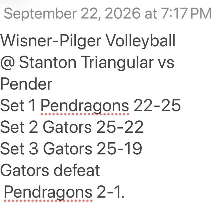 wisnerpilger's tweet photo. Wisner-Pilger Volleyball 
@ Stanton Triangular vs Pender
Set 1 Pendragons 22-25
Set 2 Gators 25-22
Set 3 Gators 25-19
Gators defeat
 Pendragons 2-1. https://t.co/Pn2iQuVsZ4
