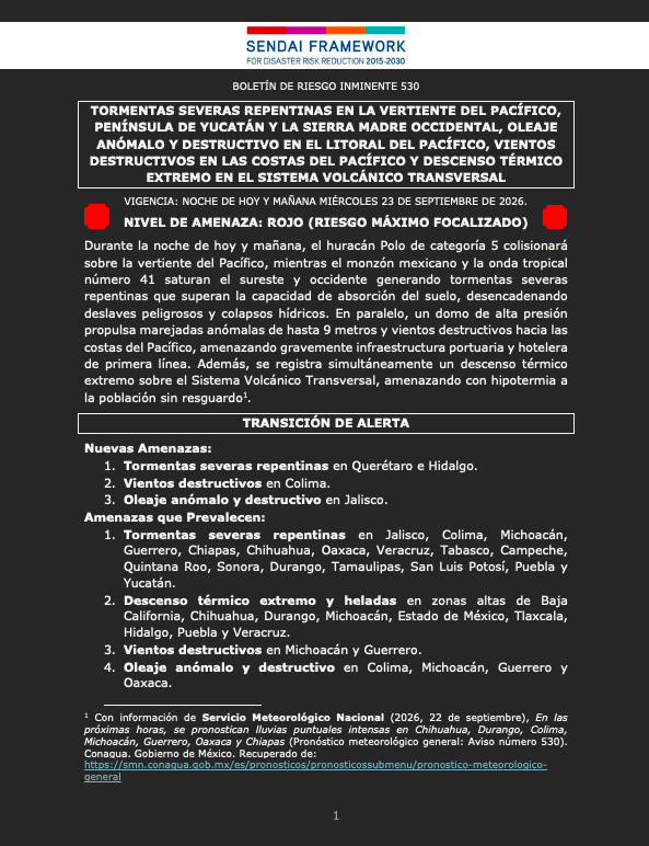 siempreinexorab's tweet photo. Boletín de Riesgo Inminente 530 para México
Nivel de Amenaza: Rojo (riegso máximo focalizado)
Vigencia: noche de hoy y mañana miércoles 23 de septiembre de 2026
Sendai Framework #EW4All - Impact Based Forecast #IBF
@PCIVILQRO @gobiernohidalgo @PC_Colima @PCJalisco (hilo) https://t.co/DyPqRFpfT1