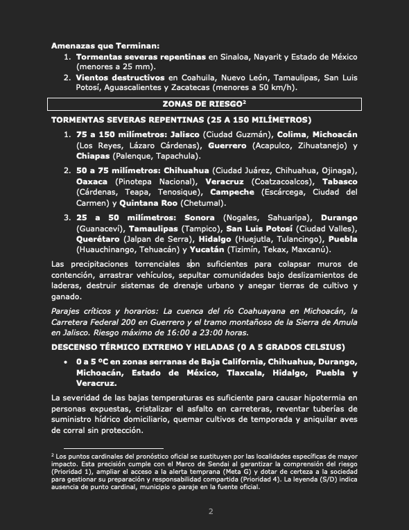siempreinexorab's tweet photo. Boletín de Riesgo Inminente 530 para México
Nivel de Amenaza: Rojo (riegso máximo focalizado)
Vigencia: noche de hoy y mañana miércoles 23 de septiembre de 2026
Sendai Framework #EW4All - Impact Based Forecast #IBF
@PCIVILQRO @gobiernohidalgo @PC_Colima @PCJalisco (hilo) https://t.co/DyPqRFpfT1