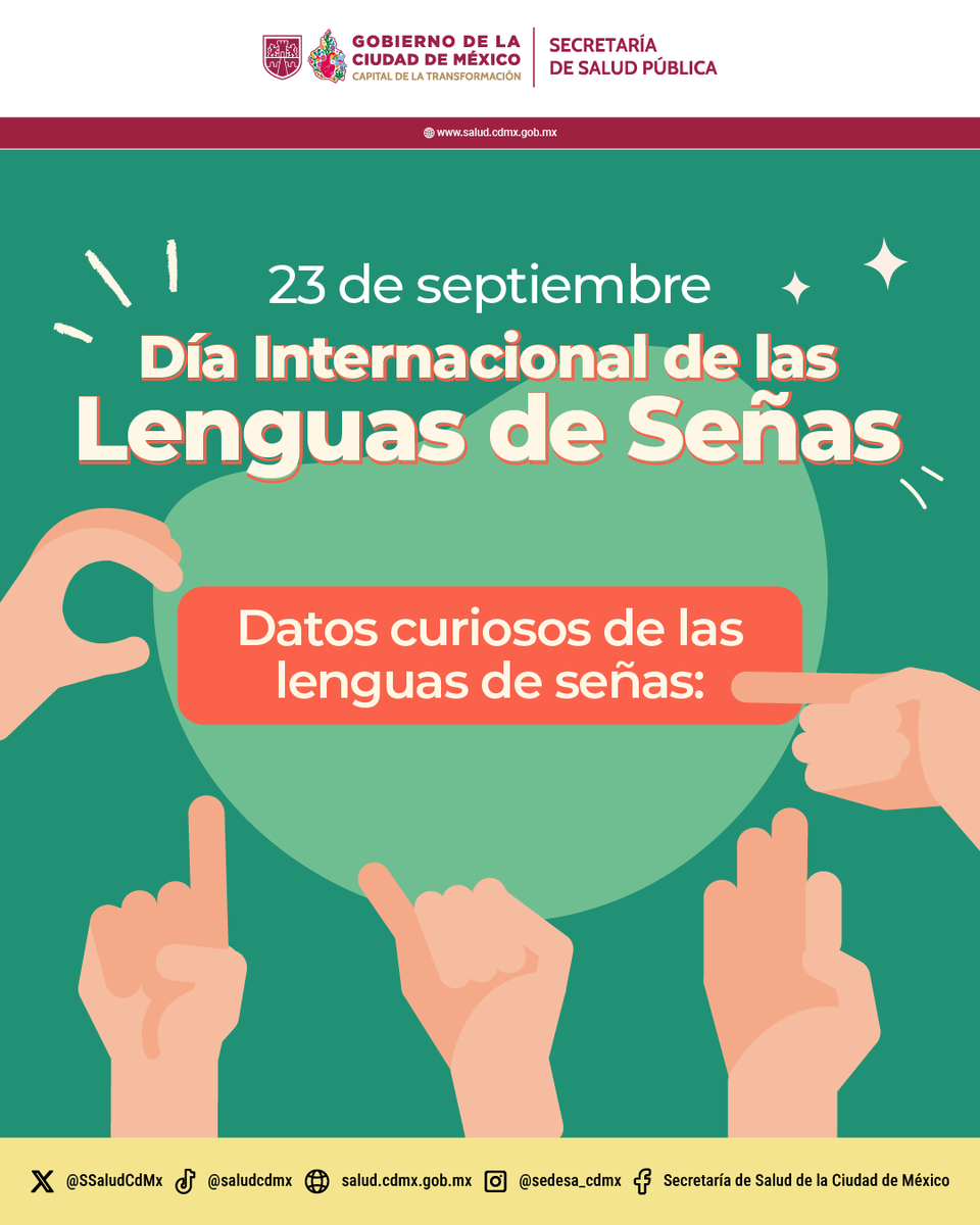 SSaludCdMx's tweet photo. 🤟🏽 Cada 23 de septiembre conmemoramos el Día Internacional de las Lenguas de Señas. 🌎

👀 Aquí te compartimos algunos datos interesantes sobre estas #Lenguas. ¿Conoces algún otro? ¡Te leemos en los comentarios! 💬

#Efeméride #LenguajeDeSeñas #SaludPública https://t.co/8BmdfdHp8O