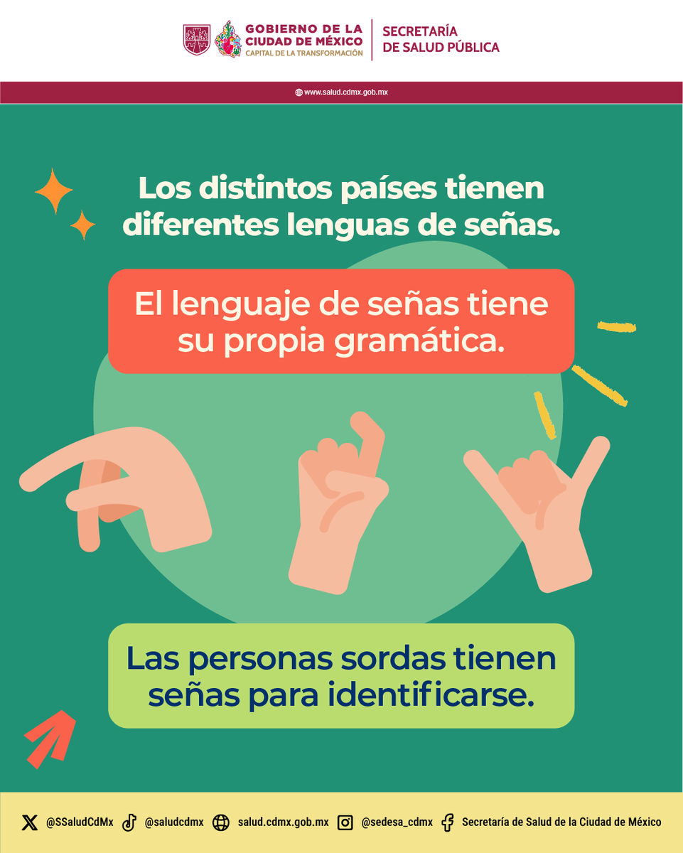 SSaludCdMx's tweet photo. 🤟🏽 Cada 23 de septiembre conmemoramos el Día Internacional de las Lenguas de Señas. 🌎

👀 Aquí te compartimos algunos datos interesantes sobre estas #Lenguas. ¿Conoces algún otro? ¡Te leemos en los comentarios! 💬

#Efeméride #LenguajeDeSeñas #SaludPública https://t.co/8BmdfdHp8O