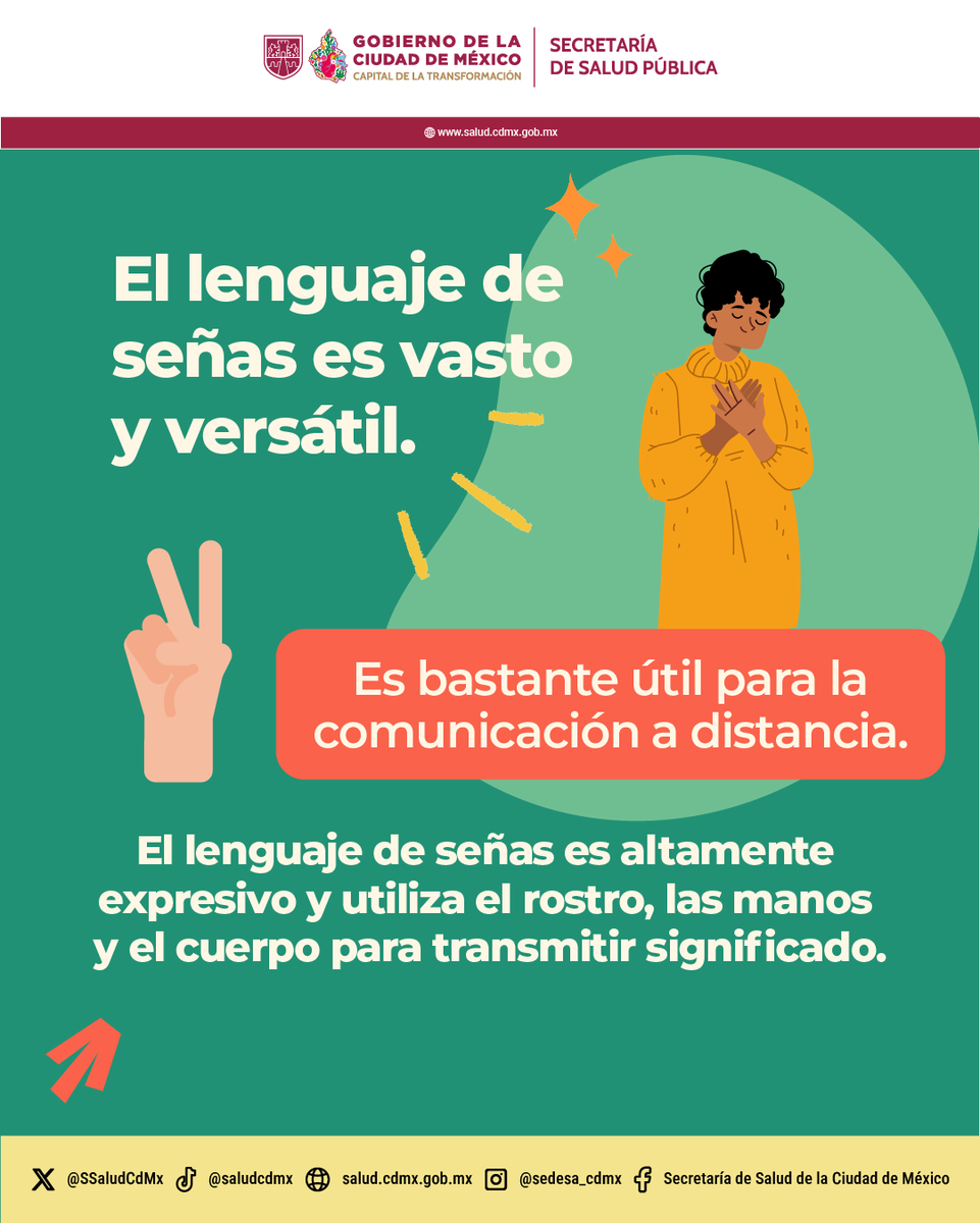 SSaludCdMx's tweet photo. 🤟🏽 Cada 23 de septiembre conmemoramos el Día Internacional de las Lenguas de Señas. 🌎

👀 Aquí te compartimos algunos datos interesantes sobre estas #Lenguas. ¿Conoces algún otro? ¡Te leemos en los comentarios! 💬

#Efeméride #LenguajeDeSeñas #SaludPública https://t.co/8BmdfdHp8O