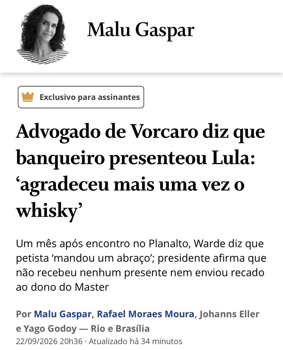 viniciuscfp82's tweet photo. Trecho: "O advogado Walfrido Warde, que até janeiro deste ano fazia parte da defesa de Daniel Vorcaro, citou em um diálogo com o então dono do Master um suposto uísque dado de presente a Lula. Na conversa, que ocorreu 49 dias após a já conhecida reunião entre o presidente da República e Vorcaro no Palácio do Planalto em 4 de dezembro de 2024, Warde diz ainda que o petista 'mandou um abraço' para o banqueiro."