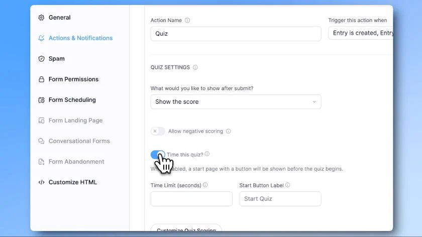 Formidable Forms settings, one flip to turn on the quiz timer