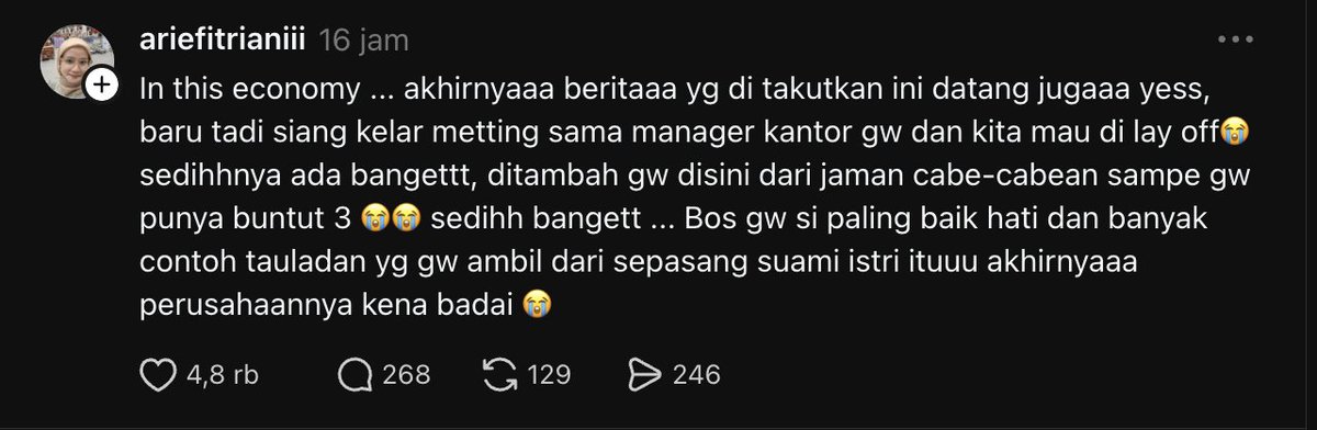 LambeSahamjja's tweet photo. lagi rame di sebelah:
- banyak yang kena layoff
- walaupun udah kerja tahunan tetap kena
- lagi musim phk? https://t.co/Rt0YrDCqUW