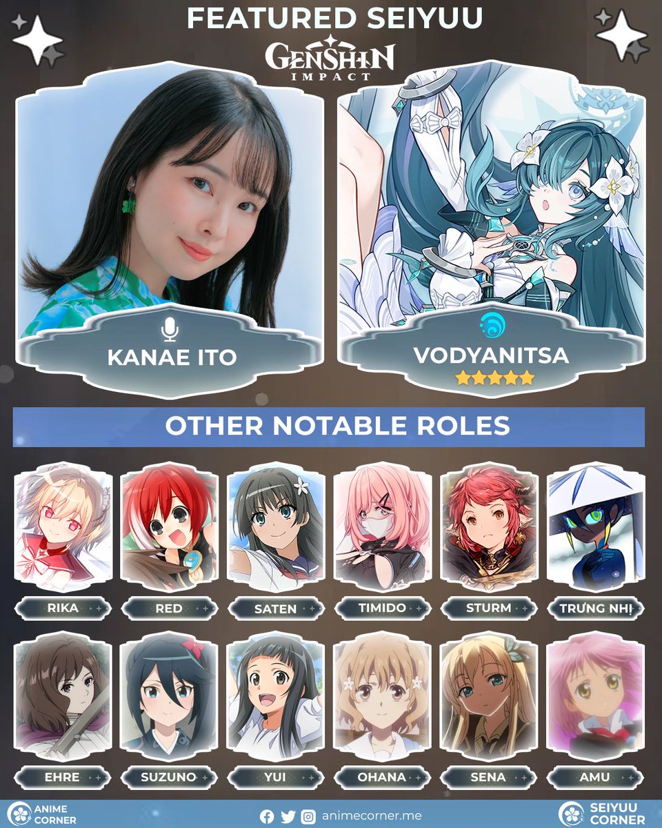 seiyuucorner's tweet photo. The renowned Prima Donna of the Korolevskiy Troupe and latest playable hydro character, Vodyanitsa, is voiced by Kanae Ito in Genshin Impact! 💙

Best of luck to all travelers wishing in the Surging Ballad banner 💫 https://t.co/xvM8uMB2ek