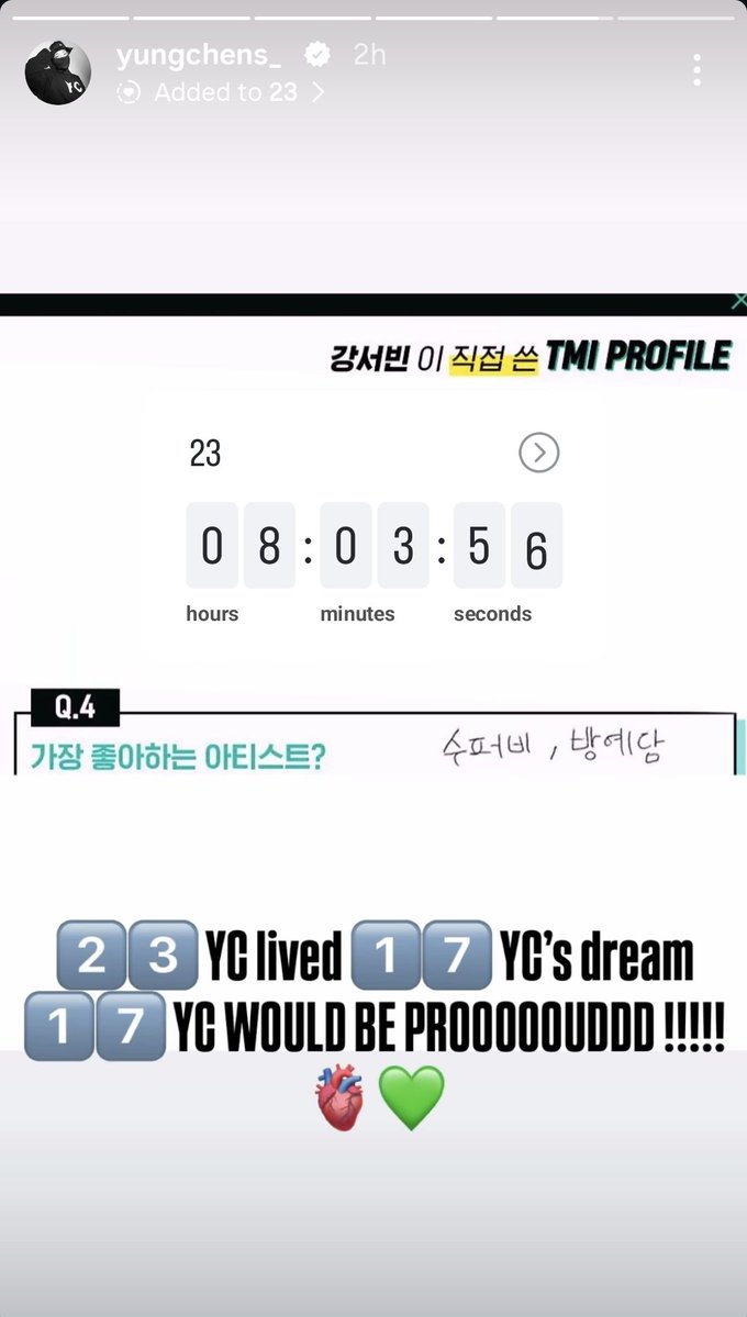 junypearl's tweet photo. Y'ALL YUNG CHENS' IG STORY TODAY 😭😭

He posted his TMI Profile from High School Rapper 4 where he wrote 'Bang Yedam' as his favorite artist, and since his collab with Yedam will be releasing today, he put his caption as "23 y.o YC lived 17 y.o YC's dream. 17 Y.O YC WOULD BE PROOOOOUD!!!!" 🥹🥹😭😭😭

#DIMOREX #BANGYEDAM
#YC #YUNGCHENS