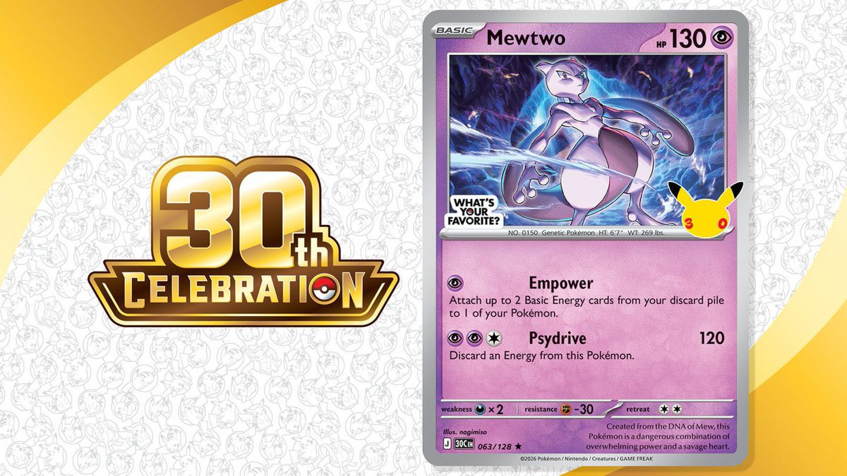 PokeGemHQ's tweet photo. 🎯 TARGET 30TH ANNIVERSARY EVENT UPDATE

Target will be giving away these 30th Celebration Mewtwo promo cards during Sunday’s Pokémon event 👀🔥

📅 Sunday, September 27
⏰ 12–4 PM
📍 Select Target locations

Definitely one worth showing up early for if you want the promo.

#PokemonTCG #Pokemon30th #Target #Mewtwo #PokemonPromo #PokeGem