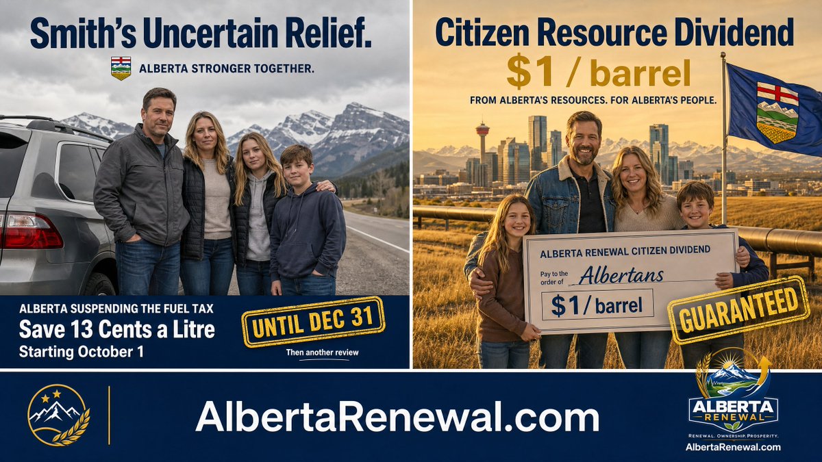 alberta_cw's tweet photo. Smith is taking 13 cents a litre off the pump from Oct 1 to Dec 31.

Three months. Then another review.

You cannot budget a winter on a pause that starts when the cameras are on and ends when a minister looks at oil prices again.

That is not relief. That is a timed discount.

The Alberta Renewal Citizen Resource Dividend is the opposite.

$1 a barrel. 
Every Albertan. 
Every year. 
About $300 a person. 

A family of four can put $1,200 on the calendar in their budget.

Not because a referendum is 27 days away. 
Because the resource is yours.
A pause is a favour, maybe even a bribe. 

A dividend is a share. 

First $1.00 per barrel goes to Albertans, Alberta-First.
Then government.

https://t.co/jT4rLoHbsF