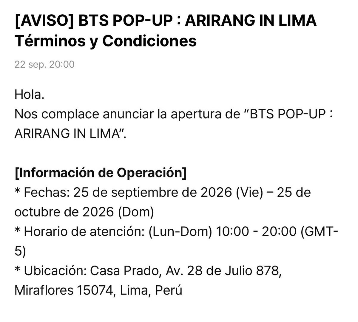 ARMYForce_Peru's tweet photo. 💜 ¡BTS POP-UP LLEGA A LIMA! 🇵🇪

Nos complace anunciar oficialmente la llegada de este pop-up, que estará disponible durante un mes para que ARMY pueda disfrutar de esta experiencia.

📅 25 de septiembre – 25 de octubre de 2026 🕙 Lun-Dom | 10:00 – 20:00 (GMT-5) 📍 Casa Prado Av. 28 de Julio 878, Miraflores, Lima
