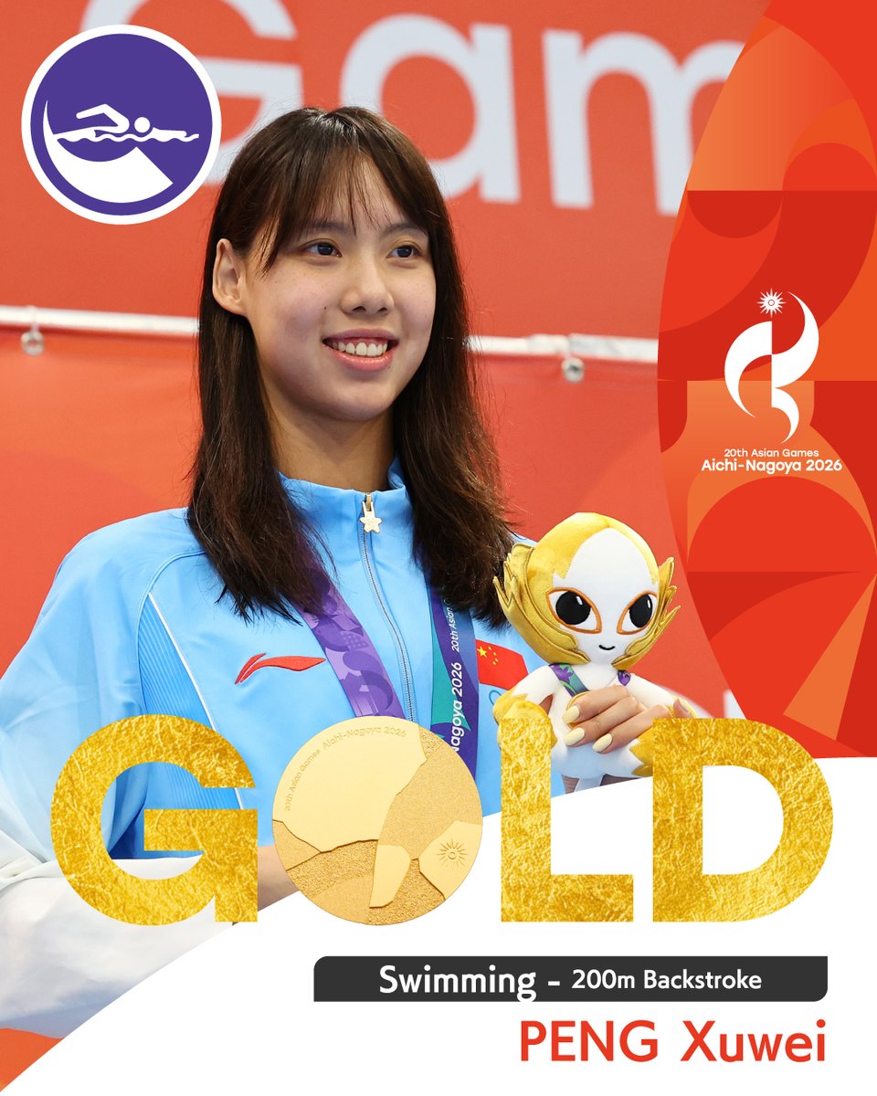 AsianGames_2026's tweet photo. ／
🥇金メダル！ ✨
＼
━━━━━━━━━━━
Swimming | Women's 200m Backstroke
━━━━━━━━━━━

People's Republic of China | PENG Xuwei
wins gold! 🥇✨
Congratulations🎉

#アジア競技大会 #愛知名古屋2026 https://t.co/Uj2vkkiSyX
