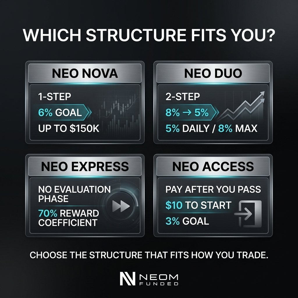 neomfunded's tweet photo. Different traders. Different paths. One goal.

NEO NOVA → 1-Step, 6% Evaluation Goal

NEO DUO → 2-Step, 8% then 5%

NEO EXPRESS → No evaluation phase

NEO ACCESS → Pay After You Pass, $10 to start

There’s no one-size-fits-all approach to trading. Choose the NEO structure that fits the way you trade, and take on the markets your way. 🔥

Explore the plans ↓ 
https://t.co/f1bdtayKGi