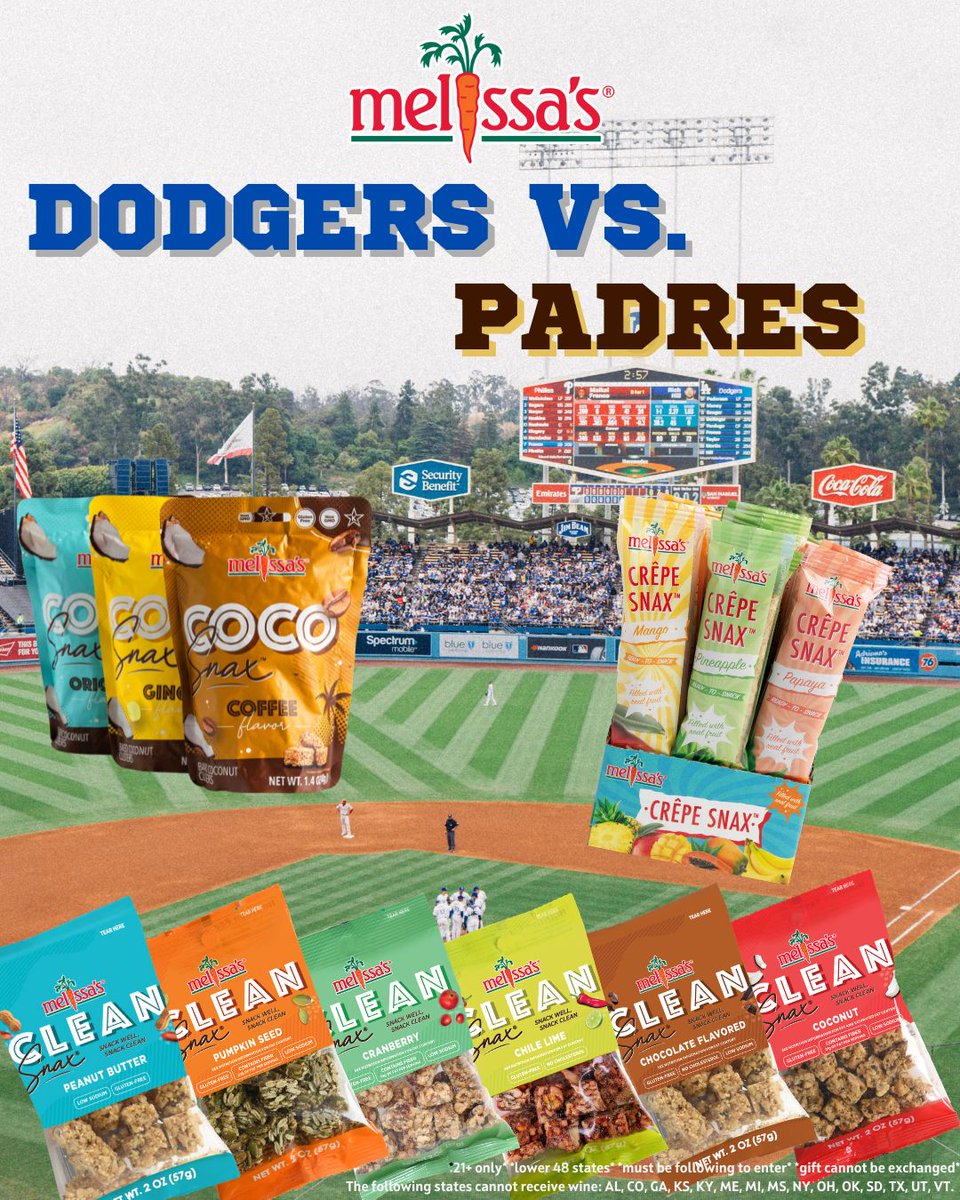 MelissasProduce's tweet photo. It's almost time for playoff baseball in California ⚾️

@Dodgers vs. @Padres at @DodgerStadium!

Your team brings the hits. We bring the snacks. Win a Melissa’s snack box packed with Clean Snax®, Coco Snax™ and Crêpe Snax™! 🥥🍍

🔁 RETWEET TO ENTER!
✅ Must follow @MelissasProduce

21+. Lower 48 only.