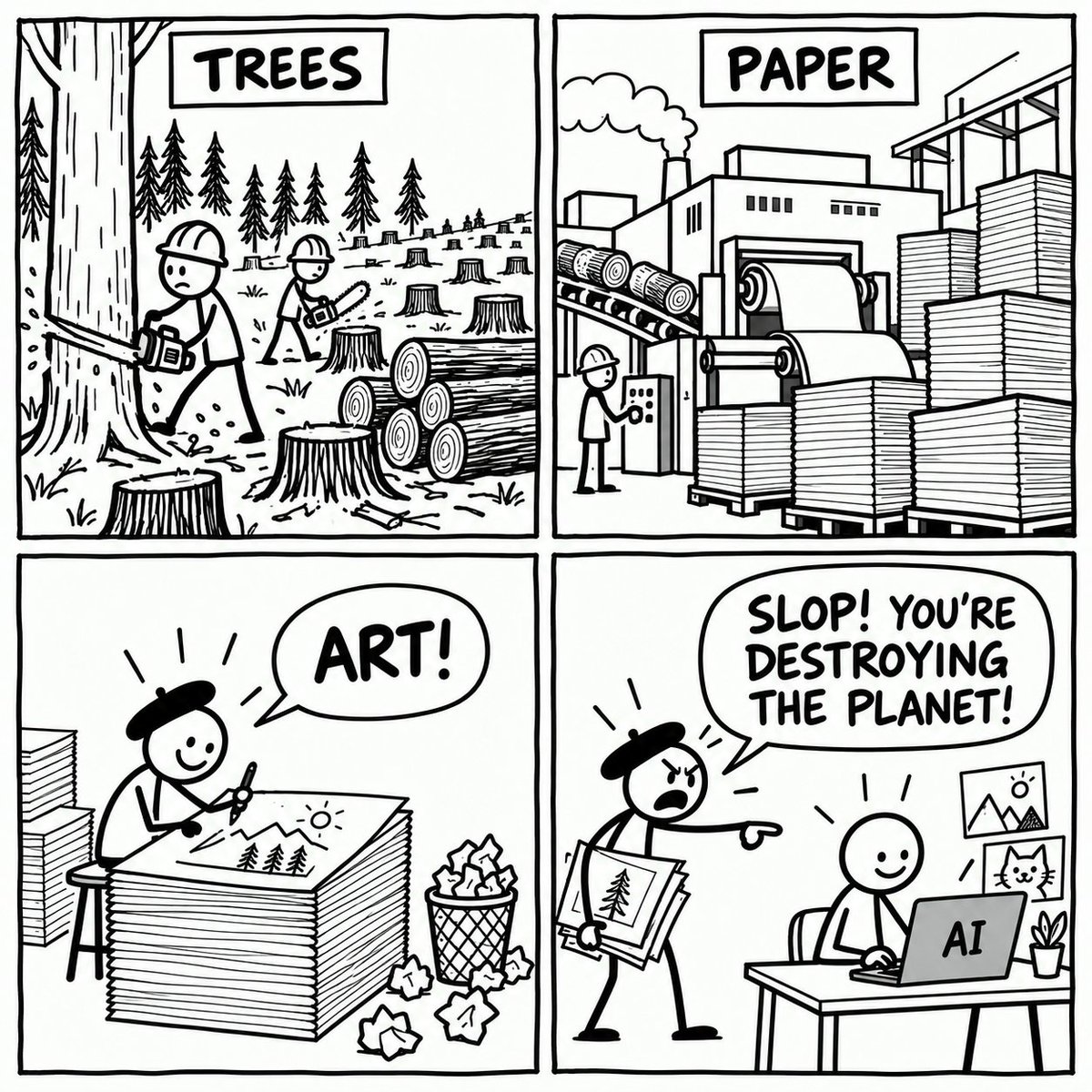 RisingSunInt_'s tweet photo. Before digital art, we cut down trees to make paper for artists. Nobody called their drawings “slop” or accused them of destroying the planet.

Now some of those same people see AI art and suddenly every tool needs an environmental audit.

It’s fair to question AI’s impact. Let’s be honest about the tools that came before it too.