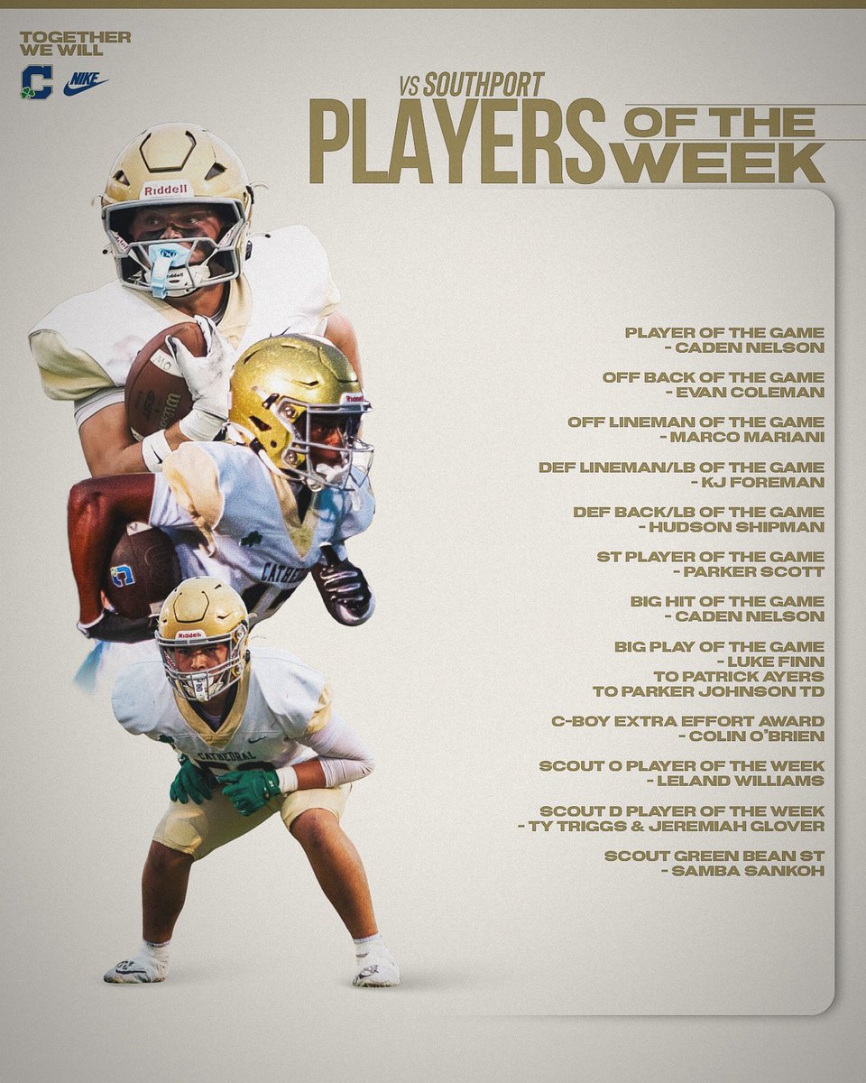 CathedralFBall's tweet photo. Players of the Week - Week Five

#TogetherWeWill ☘️🏈 https://t.co/KjADpPr62D
