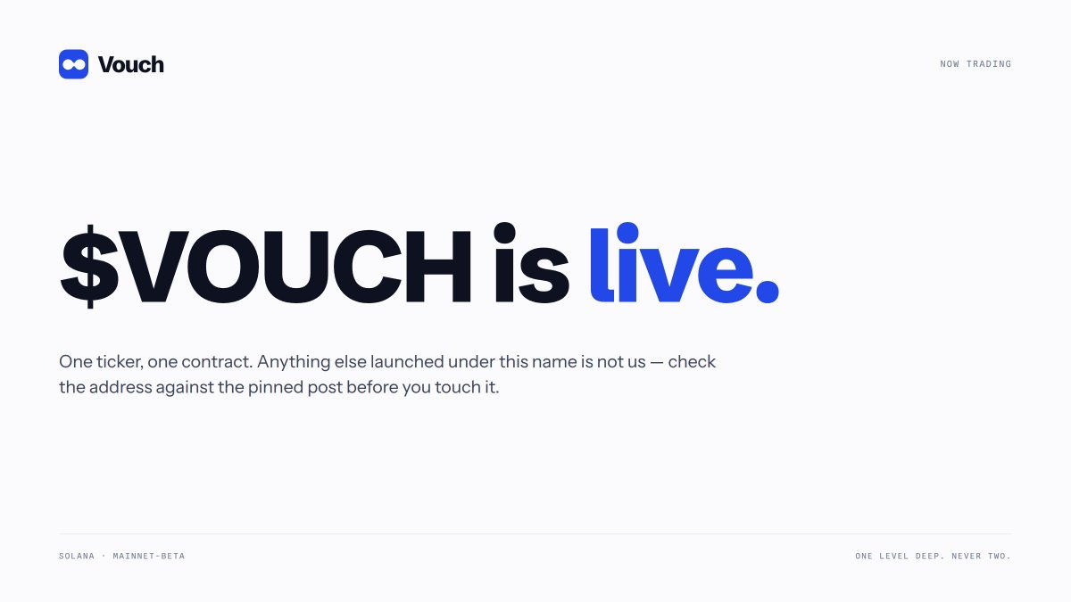 VouchSend's tweet photo. $VOUCH is live.  

The thing it belongs to: a launchpad where half of every trade fee goes to whoever brought the trader. One level deep, never two.    

CA:  GU2rPXWG1B7ZLDYfwNGoTPeBL6JofQKguDxtB3Kupump    

https://t.co/iqLwEK42UO https://t.co/2uZ2HQZhei