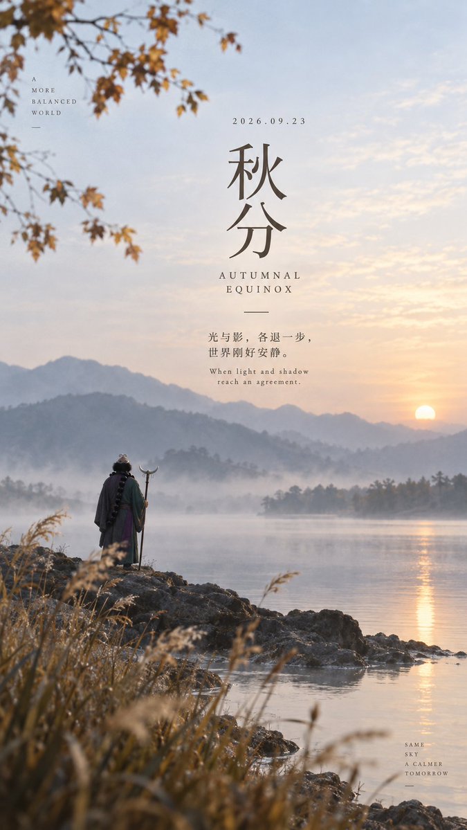 hx831126's tweet photo. 当然你可以把提示词的人物改成：「东亚短发女子」
提示词，你给 GPT，它一次性给你 9 张，任君选择！

今日秋分

————————

Prompt👇

{
  "task": "create_qiufen_editorial_poster_series",
  "metadata": {
    "generated_at": "2026-09-23",
    "solar_term": "秋分",
    "calendar_context": "二十四节气第十六个节气，秋季第四个节气，昼夜平分，寒暑均衡"
  },
  "theme": {
    "name": "秋分",
    "english": "AUTUMNAL EQUINOX",
    "core_idea": "一年走到这里，世界开始对半安静下来。",
    "interpretation": "秋分不是深秋，也不是丰收宣传画。它真正的精神是平衡：昼夜几乎等长，热与凉彼此交接，万物由生长的外放逐渐转入成熟后的收敛。它不是热闹地表达秋，而是让人感到一种秩序、克制、平静与成熟。",
    "emotional_sentence": "光与影，各退一步，世界刚好安静。"
  },
  "generation": {
    "count": 9,
    "aspect_ratio": "9:16",
    "output_rule": "一次性生成 9 张彼此���立的竖版高级海报，每张单独成图，不做九宫格，不做拼贴，不做分镜板。",
    "series_rule": "9 张作品共享同一种秋分精神，但每张必须拥有不同的视觉切入方式、不同的空间关系、不同的材质重心、不同的排版气质与不同的风格表达。",
    "variation_rule": "统一来自秋分的平衡感与高级审美；差异来自风格方向、场景逻辑、光影秩序、人与空间关系、留白结构与视觉语言。"
  },
  "creative_principle": {
    "core": "固定的是秋分的精神，不固定秋分必须长什么样。",
    "method": "不要直白堆砌落叶、稻田、书法、古风、丰收、月亮等传统秋季元素，也不要做成空洞的设计师概念海报。要通过光影、空间、几何、人物、材质、气息与秩序，让人感到‘平衡正在发生’。",
    "visual_question": "��何在不依赖传统节气模板的前提下，让人一眼感到这是秋分——一个关于平衡、收束、成熟与静定的节气？"
  },
  "art_direction": {
    "mood": [
      "平衡",
      "克制",
      "成熟",
      "安静",
      "清透",
      "秩序感",
      "留白",
      "轻凉",
      "稳定",
      "有呼吸感"
    ],
    "visual_character": [
      "高级但不冷漠",
      "极简但不空洞",
      "东方气质但不古风模板化",
      "时尚但不摆拍化",
      "像高端生活方式 campaign",
      "像 Pinterest 高收藏海报",
      "像小红书高审美封面",
      "像杂志 editorial 视觉"
    ]
  },
  "seasonal_expression": {
    "principle": "通过关系表现秋分，而不是通过符号表现秋分。",
    "possible_relations": [
      "明与暗各占一半",
      "冷与暖相互交接",
      "空与满之间的平衡",
      "自然与建筑之间的平衡",
      "身体与空间之间的平衡",
      "运动与静止之间的平衡",
      "生长与收敛之间的平衡",
      "白天与夜晚之间的平衡",
      "理性秩序与自然纹理之间的平衡"
    ]
  },
  "human_presence": {
    "optional": true,
    "role": "���物是情绪锚点，不是影楼模特。",
    "description": "如出现人物，为 83 版本西游记里面的沙悟净作为人物锚定，其穿着现代时装，但是其标志性的头冠和大项珠要还原。人物应自然、松弛、真实，不强调五官，而强调姿态、呼吸感、人与空间的关系。",
    "styling_rule": "服装根据具体画面自由生成，只要求有质感、低饱和、适合初秋，不写死具体款式，可偏衬衫、针织、轻外套、亚麻、棉质、结构感日常服装。",
    "action_rule": "不预设固定动作。人物可以站立、行走、停留、坐着、倚靠、感受风、与环境共处，或完全不出现人物。"
  },
  "color_system": {
    "principle": "秋分的颜色不是浓烈秋色，而是更成熟、更平静、更均衡的色彩系统。",
    "direction": [
      "低至中等饱和度",
      "米白、燕麦色、��灰、雾蓝、鼠尾草绿、灰绿、浅棕、苔绿、炭灰、深墨绿、深靛蓝",
      "允许少量柔和暖金、陶土色、落日橘作为季节过渡点",
      "避免大面积金黄稻田色、浓烈橙红、廉价暖秋滤镜"
    ]
  },
  "material_and_image_quality": {
    "qualities": [
      "自然光或克制的人造光",
      "真实建筑与生活材质",
      "真实纸张、布料、植物、金属、石材、玻璃纹理",
      "轻微胶片颗粒",
      "轻微印刷感",
      "不过度锐化",
      "不过度光滑",
      "避免明显 AI 塑料感"
    ]
  },
  "typography": {
    "main_title": "秋分",
    "subtitle_options": [
      "把世界，慢慢分成两半。",
      "昼夜平分，万物归衡。",
      "When light and shadow reach an agreement."
    ],
    "rule": "文字极简、克制、像品牌海报落款，不做传统书法节气排版，不承担解释任务。"
  },
  "nine_style_directions": [
    {
      "index": 1,
      "style_name": "极简建筑平衡",
      "concept": "通过建筑与光影分割表达秋分的‘对半’与秩序感。",
      "direction": "画面强调几何结构、白墙、长影、对半光区、水平与垂直线条的冷静关系。可以无人，也可以只有一个很小的人物作为尺度。整体极简、高级、安静，像建筑摄影与品牌海报的结合。"
    },
    {
      "index": 2,
      "style_name": "自然留白诗意",
      "concept": "通过自然中的稀薄空气、轻微风感与留白表达秋分的安静。",
      "direction": "画面不依赖黄叶，而通过植物、草木边缘、远山、天光、薄雾、轻微凉意与大面积留白表现节气转换。像一张非常克制的自然系情绪海报。"
    },
    {
      "index": 3,
      "style_name": "生活方式静物",
      "concept": "通过精致日常器物体现成熟、收束、平衡与秋天初到的秩序感。",
      "direction": "聚焦高审美静物关系，如织物、书页、果实���器皿、餐桌、纸张、影子、饮品、自然材料之间的平衡构图。不是商品广告，而是高级生活方式视觉。"
    },
    {
      "index": 4,
      "style_name": "人物与空间共处",
      "concept": "通过一个人与空间的关系表达秋分时节的内在平衡。",
      "direction": "人物不是主体表演者，而是空间中的生活者。强调人物很小、空间很大、人与光影的关系克制自然。情绪偏沉静、成熟、有呼吸感。"
    },
    {
      "index": 5,
      "style_name": "双重结构 / 对称与非对称",
      "concept": "秋分的‘平衡’不一定是绝对对称，也可以是高级的不对称平衡。",
      "direction": "画面可用双区块、双材质、双色面、双空间、双人物痕迹或镜像关系来表达‘均衡’，但不能做成呆板设计练习，要保留真实摄影气质。"
    },
    {
      "index": 6,
      "style_name": "城市边缘的秋分",
      "concept": "让秋分进入现代城市语境，而非传统田园语境。",
      "direction": "场景可以来自现代街道、露台、屋顶、通道、玻璃幕墙边缘、停车场、空旷公共空间等，通过光、风、尺度与留白表达节气感，呈现年轻人会喜欢的当代视觉。"
    },
    {
      "index": 7,
      "style_name": "材质与微观秩序",
      "concept": "通过质地、表面、微妙反光与排列秩序表现秋分。",
      "direction": "强调细节与局部，可以更近景、更抽象，但仍需真实。通过布料褶皱、植物纹理、纸张边缘、陶器、玻璃、水汽、金属反光等形成高级视觉张力。"
    },
    {
      "index": 8,
      "style_name": "东方当代庭院气息",
      "concept": "不是古风，而是现代东方空间中的安静与平衡。",
      "direction": "场景可有庭院、木质结构、石材、植物、回廊、门框、留白墙面等，但必须是现代审美下的克制表达。不要做传统国风插画，要像高端东方酒店或品牌 campaign。"
    },
    {
      "index": 9,
      "style_name": "杂志封面型 editorial",
      "concept": "让秋分像一本高级杂志的封面主题。",
      "direction": "更强调版式、人物或空间的封面感、标题与副标题的关系、视觉重心控制与高级时尚气质。依然要表达秋分的平衡与收束，而不是做普通时尚大片。"
    }
  ],
  "composition": {
    "core": "以留白、秩序、光影和视觉关系承担叙事，不靠传统元素堆砌。",
    "guidelines": [
      "每张海报都要有清晰的视觉重心",
      "允许主体很小，空间成为主要叙事",
      "允许局部细节海报，也允许大场景海报",
      "允许对称，也允许高级的不对称平衡",
      "9 张之间要显著不同，不能只是换颜色或换姿势"
    ]
  },
  "diversity_contract": {
    "rule": "9 张海报必须分别生成，且在风格、空间、材质、人物���系、画面节奏、光影逻辑上都明显不同。",
    "each_image_should_vary": [
      "空间类型",
      "有无人物",
      "景别远近",
      "静物或人物比重",
      "材质重心",
      "画面留白位置",
      "光影关系",
      "版式结构",
      "秋分意境的切入角度"
    ],
    "consistency": "统一来自秋分的平衡、成熟、安静、克制与高级审美，而不是统一场景模板。"
  },
  "negative_constraints": [
    "不要传统节气模板",
    "不要书法大字压画面",
    "不要古风插画感",
    "不要满屏落叶",
    "不要丰收宣传画",
    "不要大片稻田主视觉",
    "不要红金喜庆风格",
    "不要中秋海报式月亮直给表达",
    "不要廉价暖黄滤镜",
    "不要空洞概念海报",
    "不要九张画面共享同一骨架",
    "不要只是换背景的批量海报"
  ],
  "final_generation_instruction": "请���于以上统一世界观，一次性分别生成 9 张秋分海报。每张都是独立成立的高级视觉作品，统一传达秋分‘昼夜平分、热凉交接、万物归衡、情绪收束’的意境，但九张必须从 9 个不同的风格方向切入，呈现出明显差异化。重点不是画传统秋天，而是画秋分这个节气的精神本身。"
}