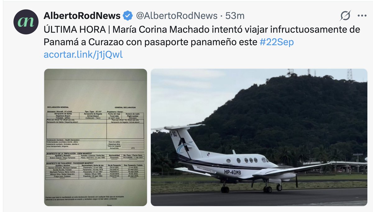 maibortpetit's tweet photo. Mientras se esperaba la reunión entre @POTUS y Delcy Rodríguez en Nueva York, circuló un supuesto plan de vuelo según el cual María Corina Machado habría intentado viajar de Panamá a Curazao con un pasaporte panameño. El documento y el presunto viaje no están verificados. https://t.co/E7UW9CNdGj