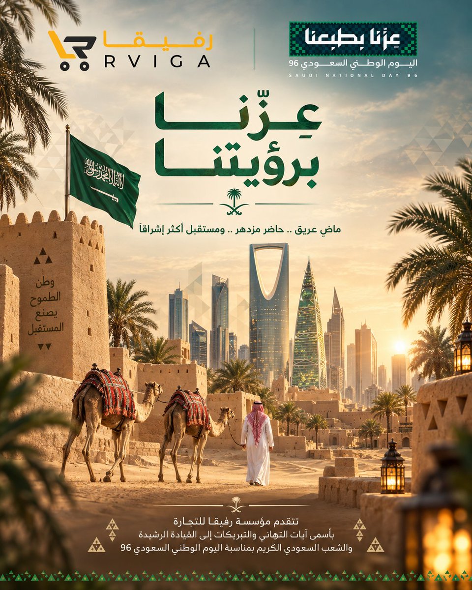 Rvigaonline's tweet photo. 🇸🇦✨ عزّنا بطبعنا.. وفخرنا بوطننا ✨🇸🇦
في اليوم الوطني السعودي الـ96، نجدد محبتنا وانتماءنا لأرضٍ عظيمة، وطنٌ يجمعنا بالمجد والطموح، ويواصل مسيرة العطاء والازدهار.
كل عام والمملكة العربية السعودية شامخة بعزّها، مزدهرة بمستقبلها، ودام وطننا الغالي فخرًا لنا جميعًا 🇸🇦💚
مؤسسة رفيقا للتجارة تهنئكم باليوم الوطني السعودي 96.
#اليوم_الوطني_السعودي_96
#عزنا_بطبعنا
#اليوم_الوطني_السعودي
#السعودية
#دام_عزك_ياوطن
#رفيقا_للتجارة
#SaudiNationalDay96