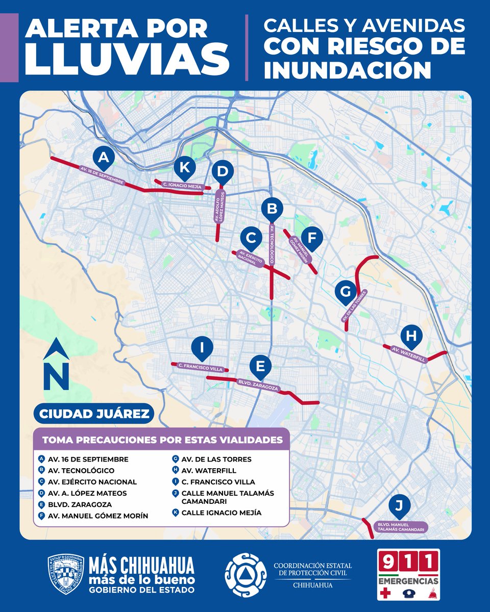 CEPC_Chih's tweet photo. ¡ALERTA POR LLUVIAS EN CIUDAD JUÁREZ!
Toma tus precauciones y evita estas calles y avenidas con riesgo de inundación.
Planifica tus rutas y maneja con extrema precaución. Ante cualquier emergencia, marca de inmediato al 911. https://t.co/pPHGHssO9b