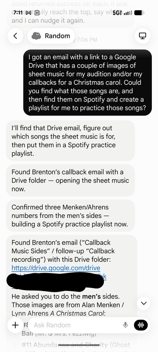 Screenshot of a ChatGPT conversation on a phone. The user asks ChatGPT to find an email containing a Google Drive link with sheet music for an audition/callback for A Christmas Carol, identify the songs, find them on Spotify, and create a practice playlist. ChatGPT reports finding Brenton’s callback email and Drive folder, confirms three Alan Menken/Lynn Ahrens songs from the men’s sides, and says it is building the Spotify playlist. A Google Drive URL is partially visible and partially obscured.