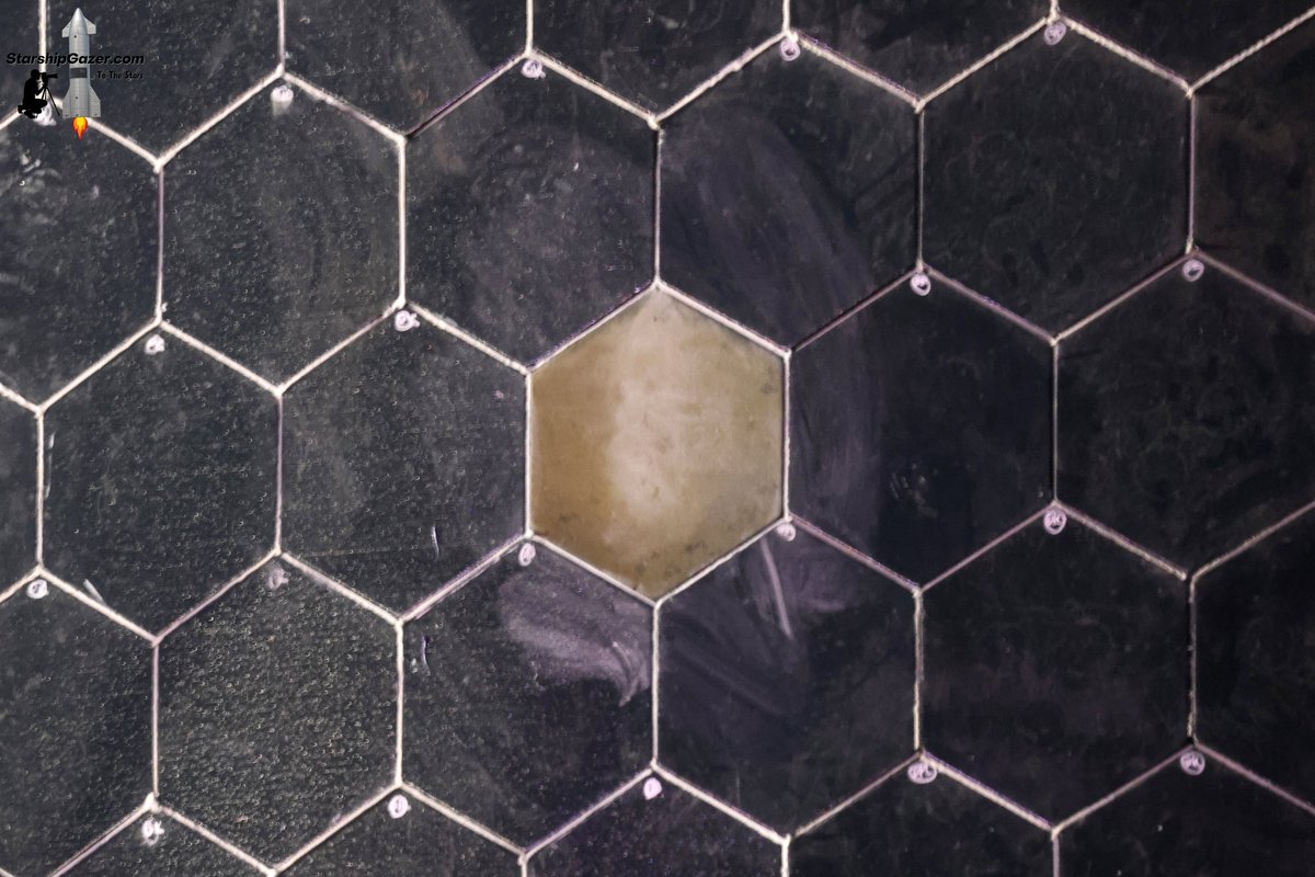 StarshipGazer's tweet photo. A look at the two reused Starship 40 heat shield tiles flying on Starship 41 during rollout to Starbase TX pad 2 tonight.

9/22/26 https://t.co/fRqQE8xgpQ