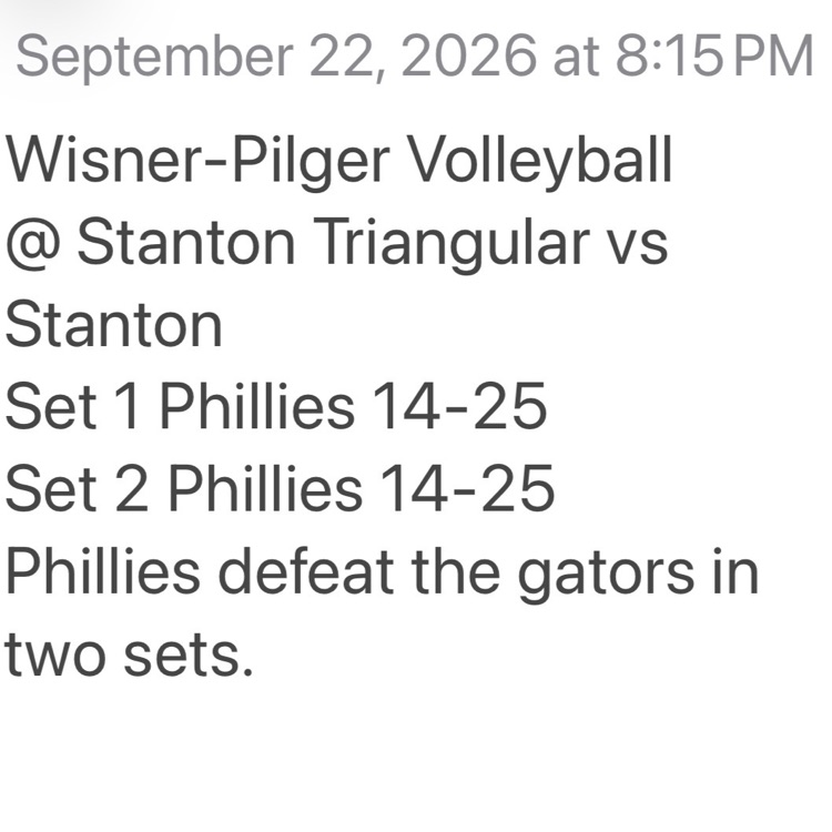 wisnerpilger's tweet photo. Wisner-Pilger Volleyball 
@ Stanton Triangular vs Stanton
Set 1 Phillies 14-25
Set 2 Phillies 14-25
Phillies defeat the gators in two sets. https://t.co/Wv3YscXU0c