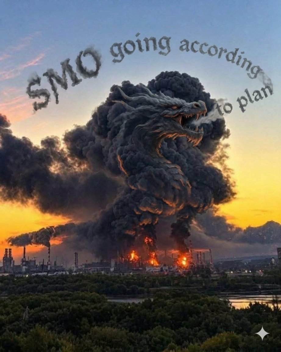 SyntaxWhiplash's tweet photo. @RealJakeBroe It's from yesterday but I enjoyed the Moscow "dragon" smoke picture, and put a spin on it with nano banana. https://t.co/4wv9VgVIi0