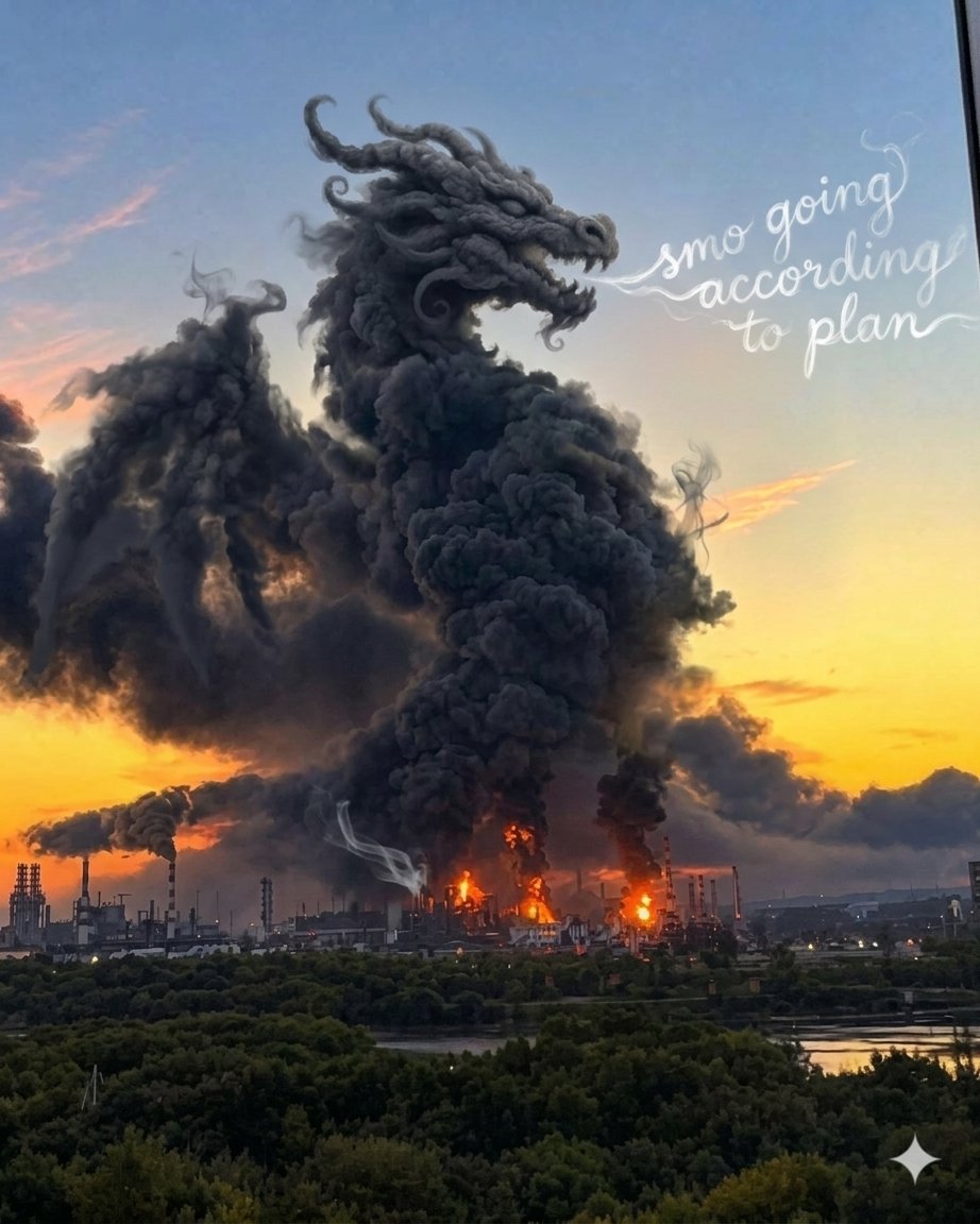 SyntaxWhiplash's tweet photo. @RealJakeBroe It's from yesterday but I enjoyed the Moscow "dragon" smoke picture, and put a spin on it with nano banana. https://t.co/4wv9VgVIi0