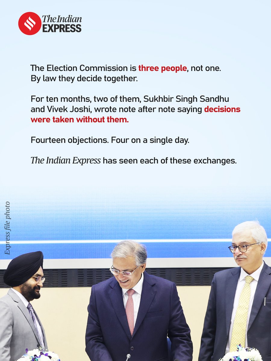 IndianExpress's tweet photo. #ExpressInvestigation | SIR, which began in Bihar in June 2025, an otherwise routine clean-up of the rolls, has struck more than 13 crore names off the draft voter rolls in 30 States and Union Territories. This has put the Election Commission at the centre of intense public debate over its role in deciding who gets to vote — and who doesn’t.

An investigation by The Indian Express reveals that questions were raised on these very issues within the three-member Election Commission itself, time and again through much of this same period. By two of the three Election Commissioners, Sukhbir Singh Sandhu and Vivek Joshi, no less. 

Reported by: @RitikaChopra__ 

Read: https://t.co/5wxH2BOWkG