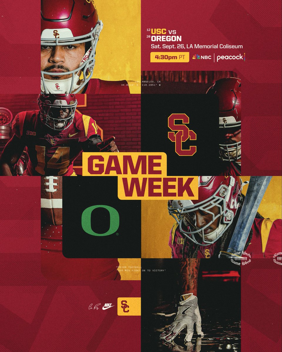 uscfb's tweet photo. The time is now. ⌛️

⚔️ Saturday • 4:30PM PT
🏟️ LA Memorial Coliseum
📺 NBC / Peacock https://t.co/2TSKAtOc2S