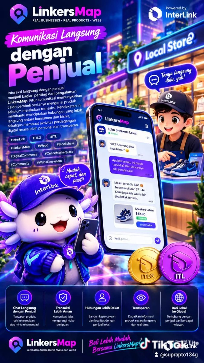 Suprapt59801861's tweet photo. LinkersMap punya fitur chat langsung dgn penjual. Bisa tanya produk sebelum transaksi, lebih personal & transparan. Bikin hubungan konsumen & bisnis makin dekat.
#InterLink #ITLG #ITL #LinkersMap #Web3 #Blockchain #DigitalCommerce #OnlineMarketplace #Community #Web3Ecosystem https://t.co/UPH5gTxGGa