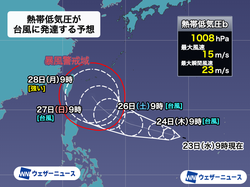 wni_jp's tweet photo. 【台風発生予想】
気象庁はフィリピンの東で発達中の熱帯低気圧について、「24時間以内に台風に発達する見込み」としています。次に発生すると「台風26号」です。 
週末以降、沖縄に近づく可能性があるため、最新の情報に注意が必要です。 
https://t.co/bjf9B6NG6L https://t.co/DP5iigBsCj