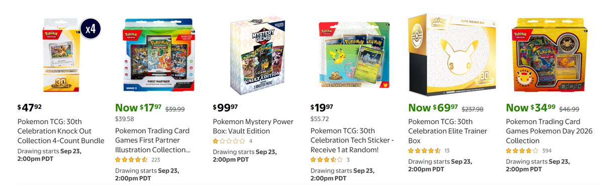 PokemonDealsTCG's tweet photo. 30th Celebration Elite Trainer Box and More Walmart Drawings Confirmed 9/23 at 2PM PT!⚡️

All Drawings
➡️https://t.co/rhHm69Lnh1

Drawing will likely be open for just 1 hour when it goes live, so be ready with payment + shipping info saved!

We'll post if more items get added. Follow for updates!

#Pokemon #AD