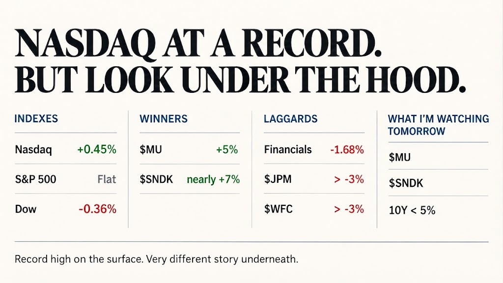JasonColelfod's tweet photo. Nasdaq just closed at another all-time high.  But the tape underneath was a lot messier than the headline.  Nasdaq +0.45% S&P 500 flat Dow -0.36%

$MU

+5%
$SNDK
nearly +7% Meanwhile, financials got hit hard.
$JPM
and
$WFC
both fell more than 3%. That’s the part I’m paying attention to.  The market is rewarding a very specific group of stocks right now, not everything.  Tomorrow I’m watching
$MU

and
$SNDK
first.  If the 10-year stays below 5% and chips keep getting bought, I think semis can keep leading.  If that strength starts fading while more sectors roll over, I’ll get a lot more careful.  Nasdaq at a record high.  Very different story under the surface.