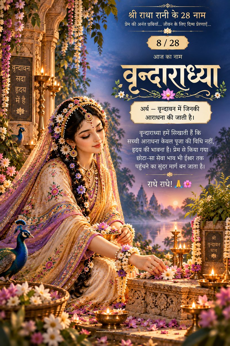 the_gbsir's tweet photo. 🌸 श्री राधा रानी के 28 नाम — 8/28

आज का नाम — “वृन्दाराध्या” 🙏

अर्थ: वृन्दावन में जिनकी आराधना की जाती है। �

वृन्दाराध्या हमें सिखाती हैं कि सच्ची आराधना केवल पूजा की विधि नहीं, बल्कि हृदय की भावना है।
प्रेम से किया गया छोटा-सा सेवा भाव भी ईश्वर तक पहुँचने का सुंदर मार्ग बन सकता है। 🌸

आज अपने किसी काम को केवल कर्तव्य समझकर नहीं, प्रेम और समर्पण के भाव से कीजिए—यही भक्ति का सबसे सरल रूप है।

राधे राधे! 🙏🌸
#RadheRadhe #RadhaRani #Vrindaradhya #Bhakti