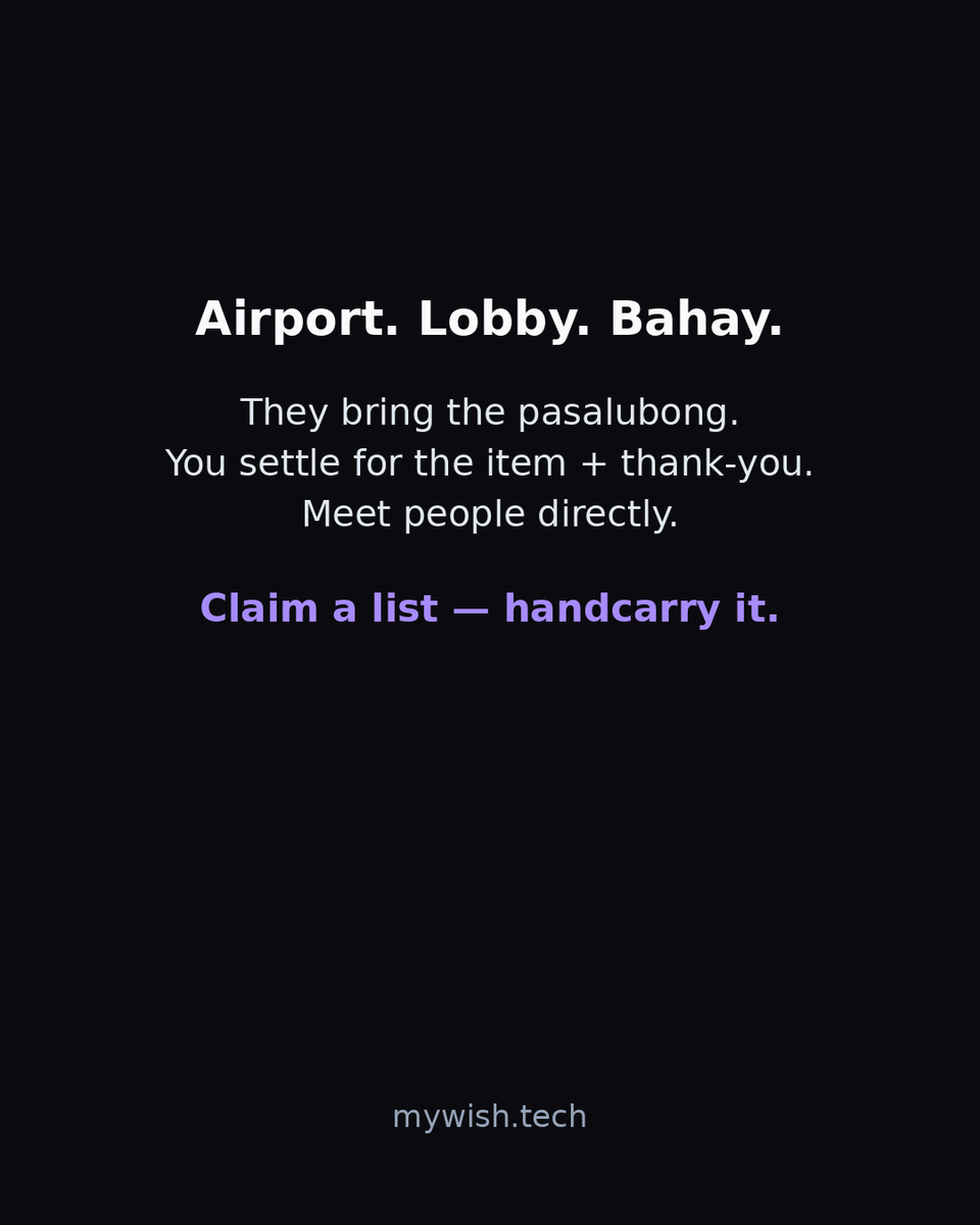 mywishtech's tweet photo. Airport. Lobby. Bahay.
Pasalubong handoff. Item + thank-you.
Meet people directly.
https://t.co/gOxh09NLnS
#MyWish #pasalubong #handcarry https://t.co/coL1L68zAv