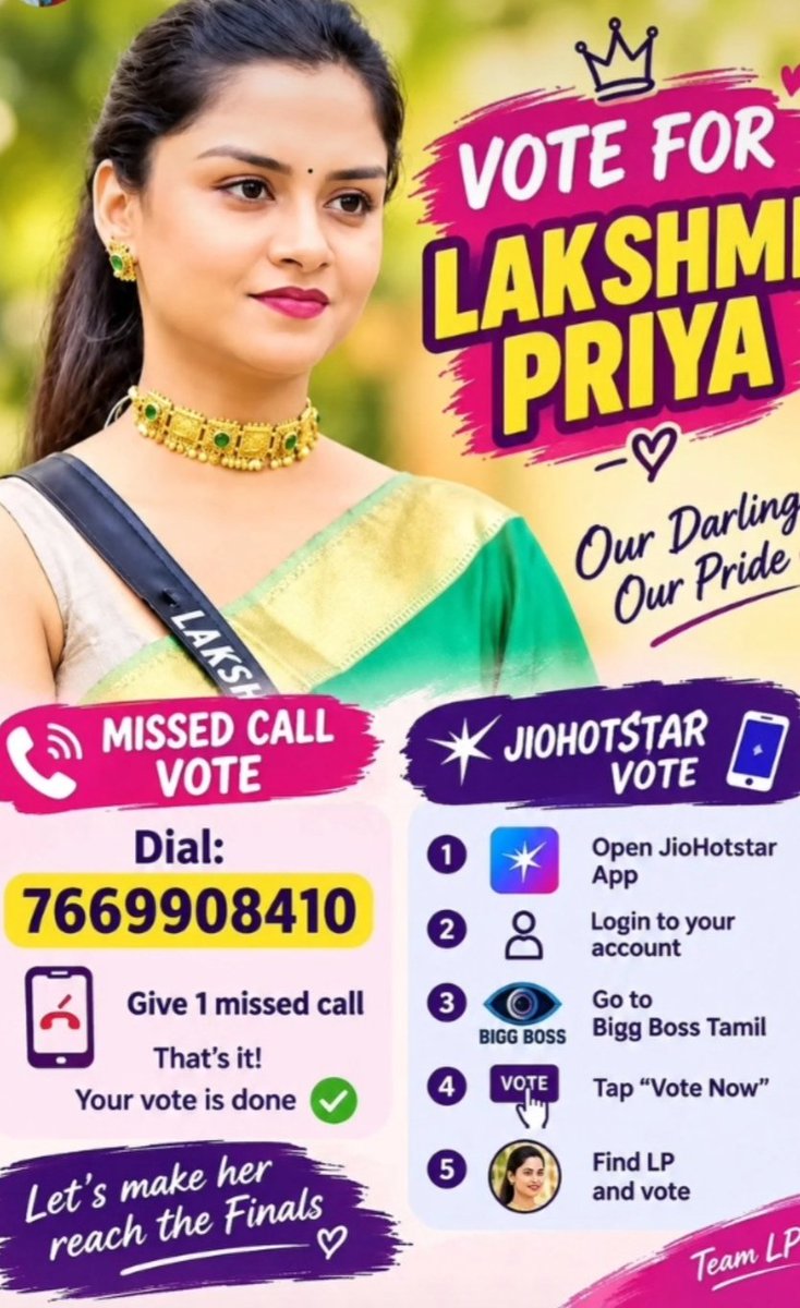 Abi12308823's tweet photo. Good Morning all 🌞 
Don't forget to 🗳️ for #LakshmiPriya
#BiggBossTamil10 https://t.co/ue14gG3vfC