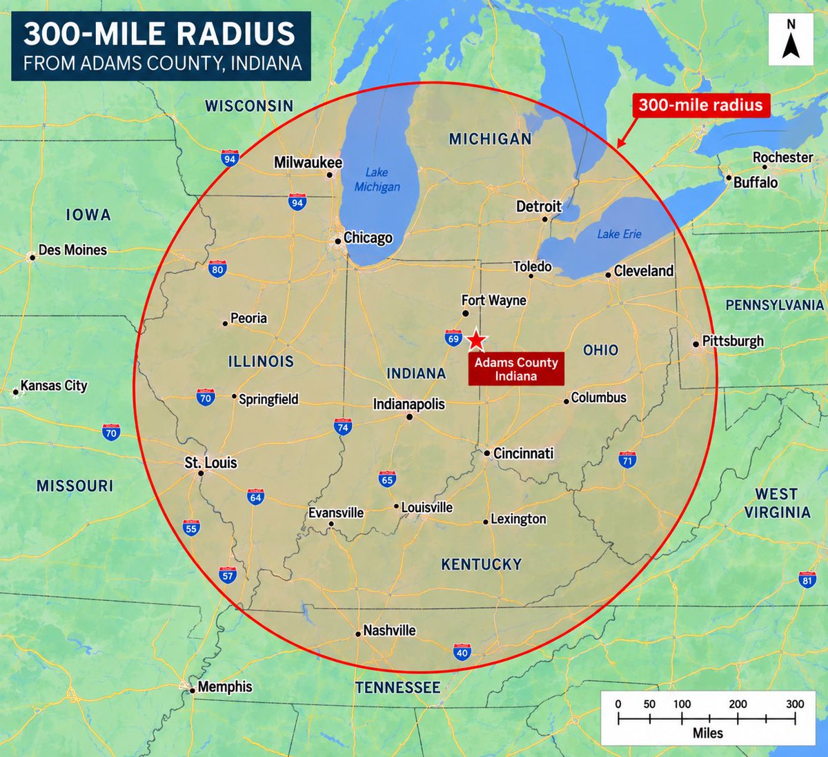 JrodCreed's tweet photo. Looking for high oleic soybean growers inside this circle for the 2026 crop year. 

We’re working on a sustainability opportunity that includes a one-time financial incentive for qualifying acres within roughly 300 miles of Adams County, Indiana.

Growing high oleic beans in this area? DM me. Certain practices and eligibility requirements apply. Delivery location is not one of the requirements.