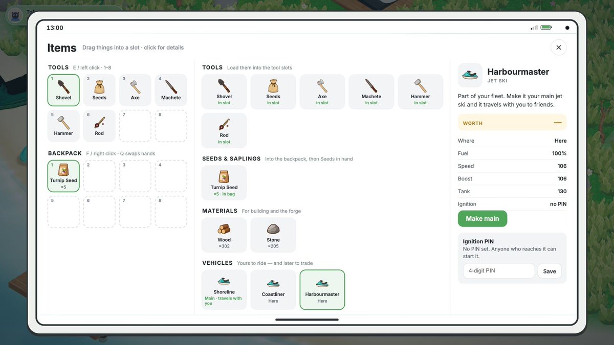 tolychat's tweet photo. 🛥️ Six jet skis on one beach — and your friends can take any of them.

🏝️ Islandbound — Update v0.43 · 2026-09-22

🛥️ Own a whole fleet: up to six jet skis, each one waiting on the beach where you left it.
🌊 Pick your main jet ski in Items — it travels with you and waits on the sand near the pier of every island you visit.
🏁 Visiting a friend? Take any jet ski on their island and ride it, even all the way to town.
🛥️ Everyone sees every jet ski, parked or ridden, in its own colour — nothing is hidden any more.
🌊 Call any of your jet skis to the beach you are standing on, straight from the Items app.

#Solana #CozyGames #IndieGame