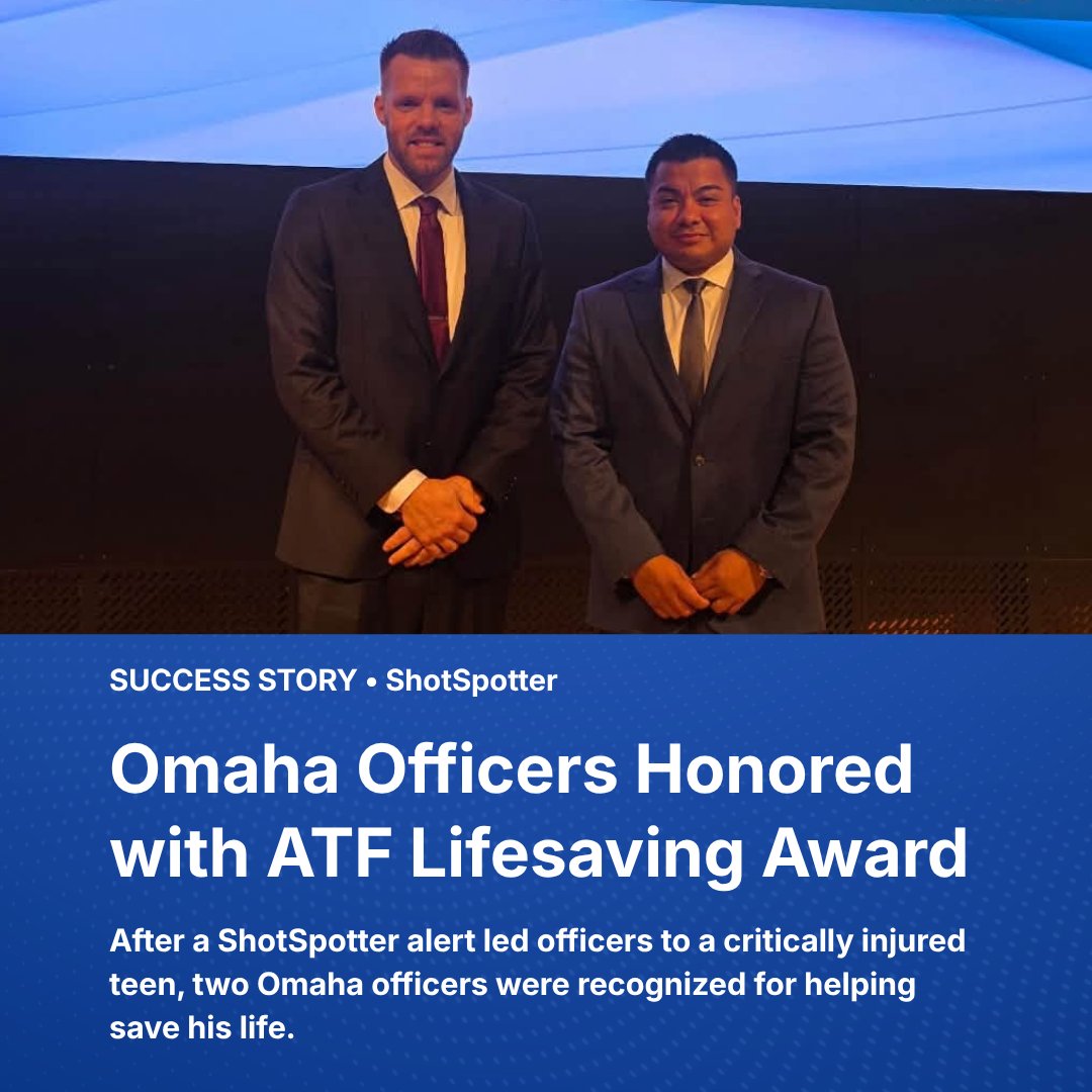 soundthinking_'s tweet photo. A ShotSpotter alert helped Omaha officers locate a critically injured 14-year-old after he had been shot 12 times.

Last week, Detectives Ryan Sillman and Ricky Martinez received the ATF Lifesaving Award for their actions.

Great work, @OmahaPolice. https://t.co/FJFjiKxVOU