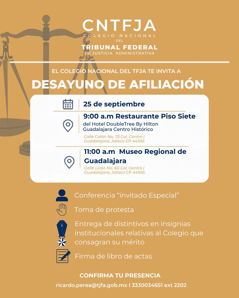 ColegioTFJA's tweet photo. El Colegio Nacional del TFJA invita al Desayuno de Afiliación Región Bajío.

Será un honor contar con ustedes este 25 de septiembre, a las 9:00 a.m. en Guadalajara, Jalisco.

Regístrate en el siguiente enlace: https://t.co/6QWyQDEKgM https://t.co/ewgZKmel4b