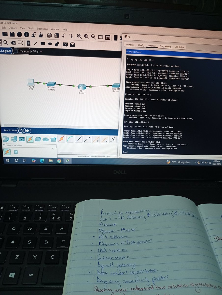 veee_cloud's tweet photo. I’ve been learning networking concepts, but I realized I don’t want to just understand them on paper.
So tonight, I put them into practice with a small Cisco Packet Tracer lab.

Tonight’s networking practice: IP Addressing &amp; Subnetting

PC1 → Switch → Router → Switch → PC2 https://t.co/Sq4vkTdRpp