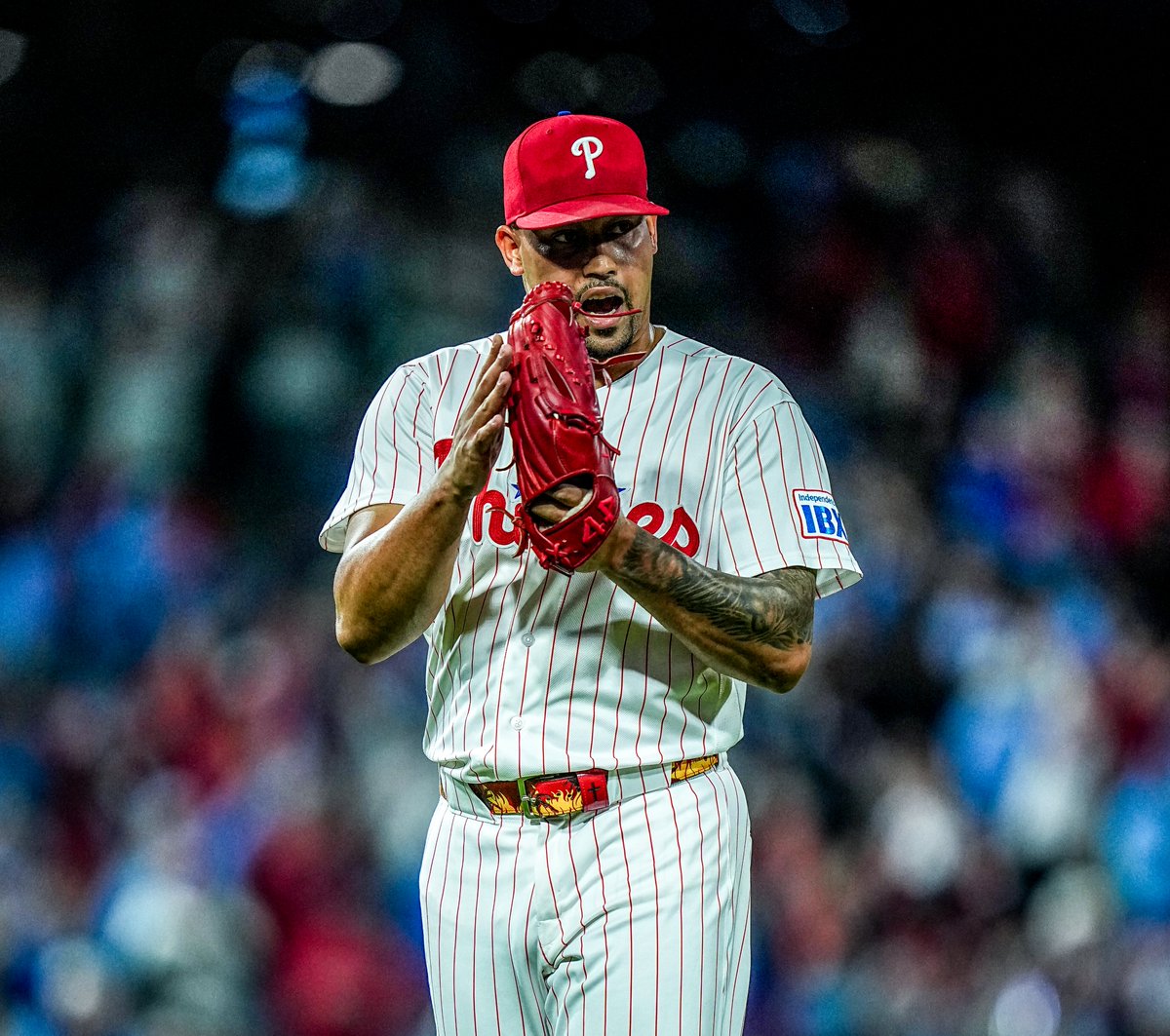 Jhoan Duran claps following the final out of tonight's game.