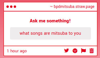 miitsupilled's tweet photo. HMMM... remember my name by mitsukou and sad ashley by uncle outrage . lots of songs are mitsuba core to me but these ones especially https://t.co/r1PjFBaKSd