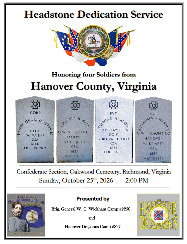 HanoverDragoons's tweet photo. Our camp and the Brig General W C Wickham SCV Camp #2250 are having a headstone dedication service to remember these 4 Hanover soldiers who died and were placed in numbered only graves at Oakwood Cemetery.  They have individual headstones now and are no longer forgotten. https://t.co/OYPoz8sksb