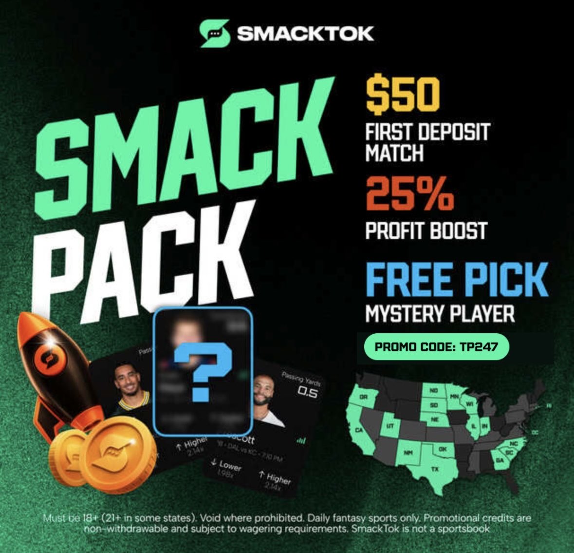 TennisPlays247's tweet photo. Use Code TP247 &amp; signup TONIGHT on @smacktok

You can try the link🔗, or use the code, either way you’ll get the Mystery Player FREE PICK, $50 First Deposit Match, and a 25% Profit Boost🤑

https://t.co/HUehxy5Bv7

#TennisPlays247 #Smacktok #Smacktalk #Parlays #Tennis #Tennisprop https://t.co/6NhmiQIEQb