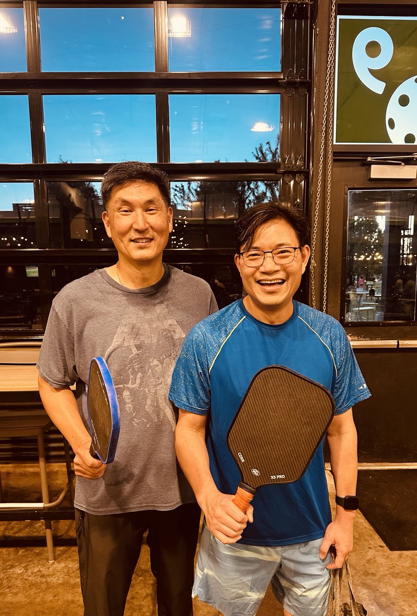 OUbabybrainMD's tweet photo. Pickleball is harder than brain surgery. Dr. John Zhong beat me 11-3, 11-4, 12-10, 11-4, 11-1. Not that I was keeping track or anything. https://t.co/p5SvFrxLZF